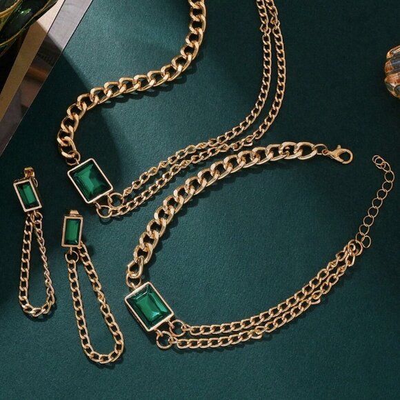 18K Gold Filled Emerald Green Necklace, Bracelet & Earring Set - Picture 2 of 3